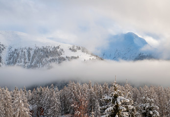 Paisaje de montañas nevadas con bruma o neblina al amanecer en Suiza