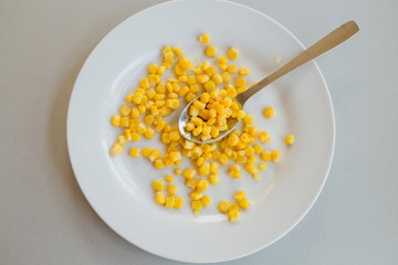 Pile of yellow corn grains with spoon on white plate, close-up
