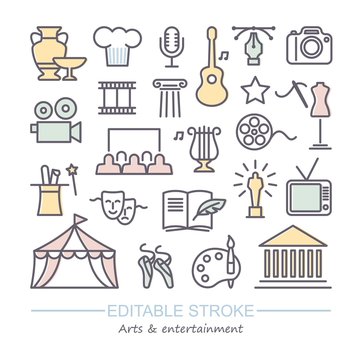 Arts and Entertainment icon set. Collection of vector icons with editable stroke
