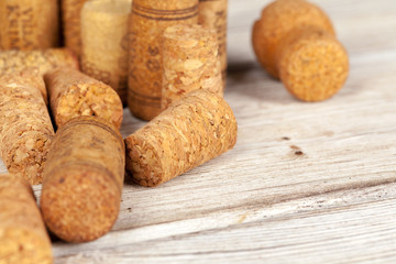 Bunch of wine corks on wooden table