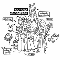 big family back to school black and white drawing