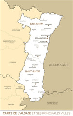 Carte de la région Alsace et ses principales villes. Fichier éditable et multi-calques.