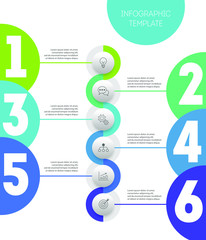 Modern vertical timeline with marketing icons. Business data visualization can be used for presentation, diagrams, annual reports, workflow layout with 6 options or steps