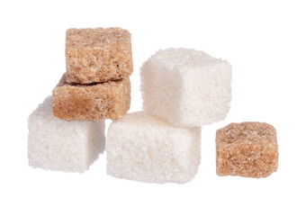 White refined sugar and brown unrefined sugar cubes