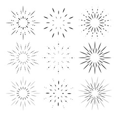 Thin line icon fireworks set. Sun ray shape explosion bursting vector elements