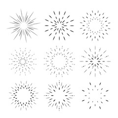 Thin line icon fireworks set. Collection of abstract sunbursts