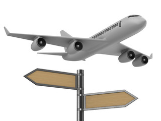 airplane and signpost on white background. Isolated 3D illustration