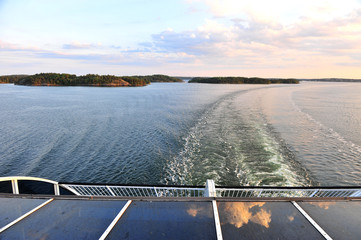 View of Aland Islands from ferry on sunset