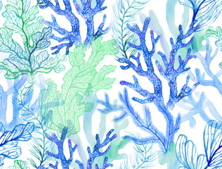 Watercolor corals. Seamless pattern with the underwater world