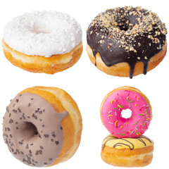 Set of various colorful donuts isolated on white background