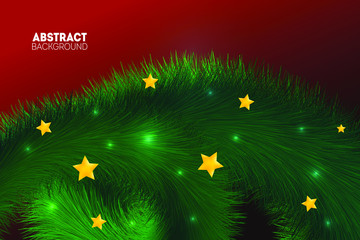 Christmas tree branch background. New year wallpaper with golden stars and garland lights