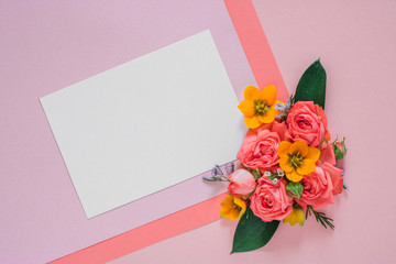 Flat lay colorful flowers composition on bright paper background, clean blank for text, copy space