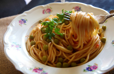 Pasta, spaghetti with tomato sauce