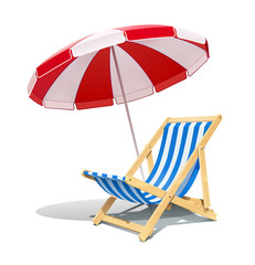 Beach chaise longue and sunshade for summer rest. Wooden deck chair. Vacation accessory. Summertime relax. Relaxation equipment. Isolated on white background. Eps10 vector illustration. © aleksangel