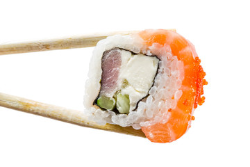 Seamless pattern with sushi. Food abstract background. Flying sushi, sashimi and rolls isolated on...