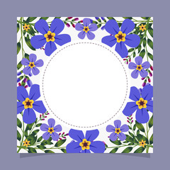 Floral greeting card and invitation template for wedding or birthday anniversary, Vector circle shape of text box label and frame, Purple flowers wreath ivy style with branch and leaves.