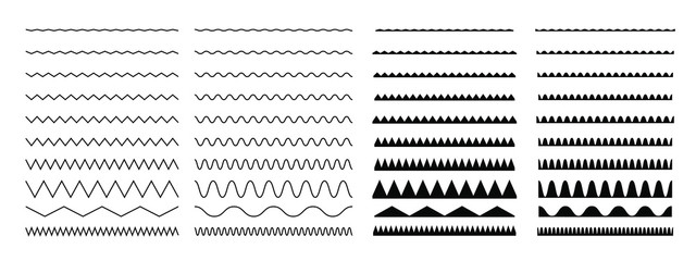 Big collection of seamless wavy lines. Graphic design elements. Outline sign border element kit. Page Decoration linear icon paper break, book decoration. 