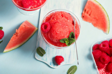 Watermelon sorbet or granita, refreshing summer dessert with strawberries - obrazy, fototapety, plakaty