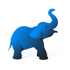 Drawing of a small elephant of blue color on a white background.