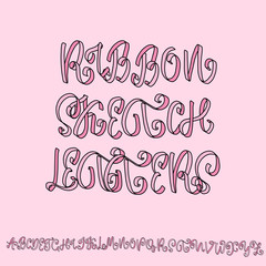 Ribbon sketch alphabet. Pink vector illustration.