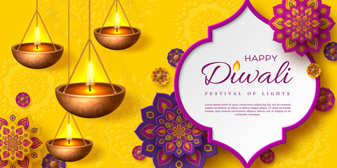 Diwali festival of lights holiday design with paper cut style of Indian Rangoli and hanging diya - oil lamp. Purple color on yellow background. Vector illustration. © ludmila_m