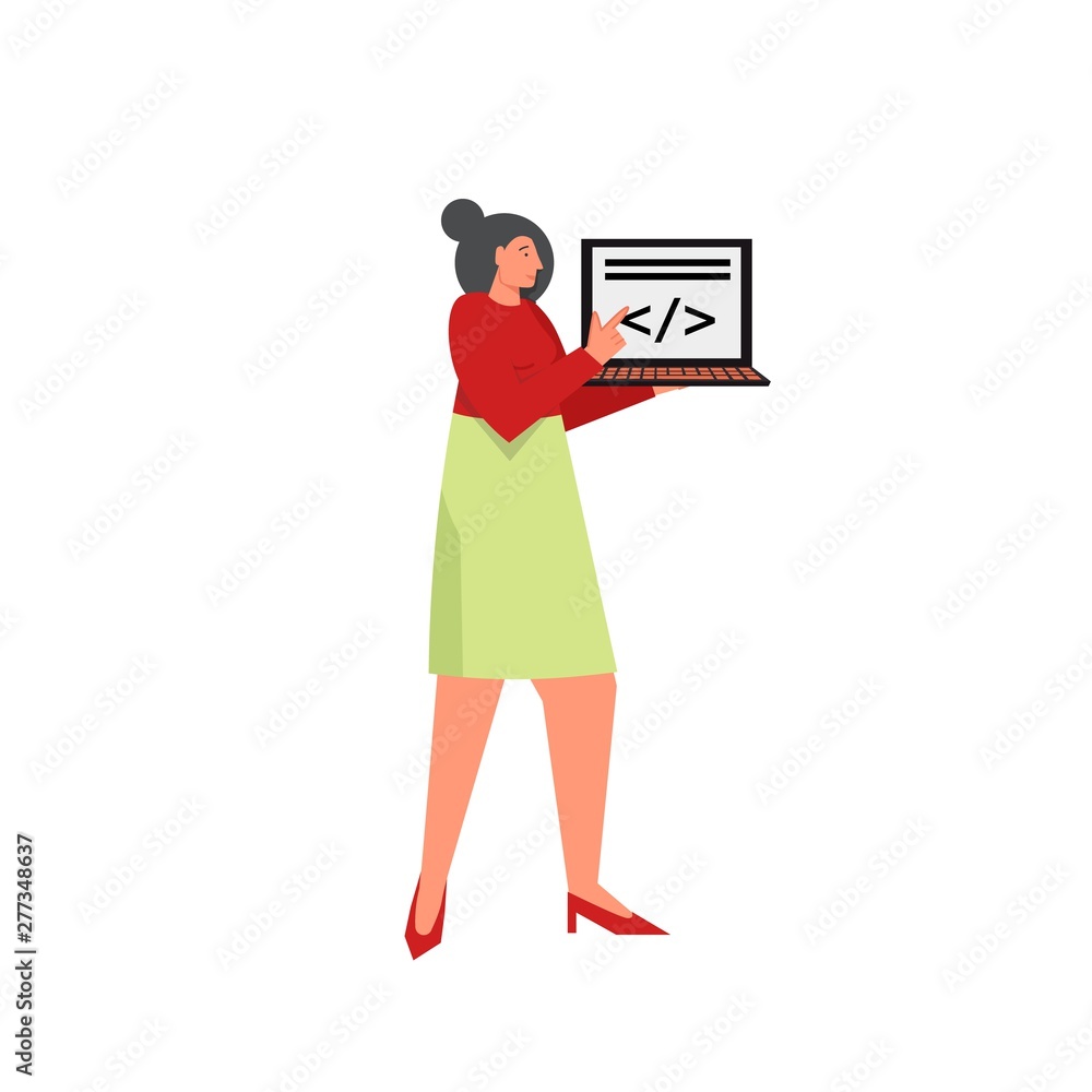 Poster professional programmer with laptop, vector flat style design illustration