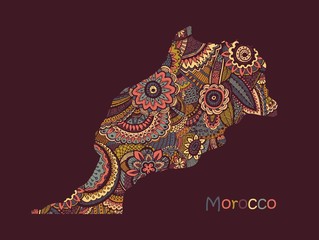 Textured vector map of Morocco. Hand drawn ethno pattern, tribal background.