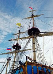 Masts and rigging of an old wooden sailboat. Details deck of the ship.