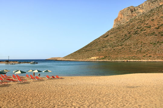 Stavros, Crete island / Greece - May 27 2019: Photo from famous beach of Zorba the Greek in Stavros on crete