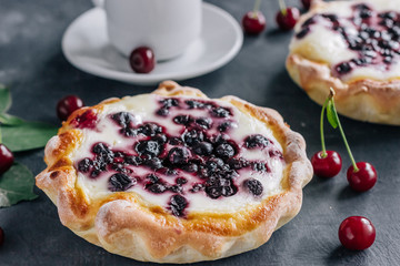 Cheesecake with сherry close up.