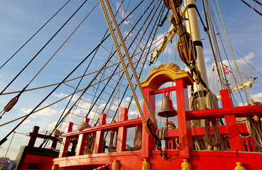 Masts and rigging of an old wooden sailboat. Details deck of the ship.