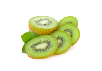 fresh sliced and half cut green kiwi on white background
