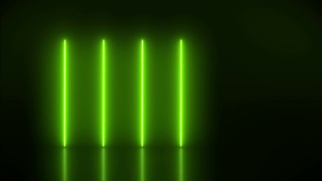 Video animation of glowing neon circles in green  on reflecting floor. - Abstract background - laser show