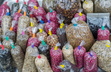 Herbs and spices for sale at the Local market in Thailand.