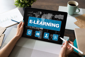 E-learning, online education concept on device screen.