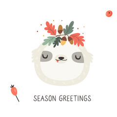 Cute sloth in autumn wreath on white background