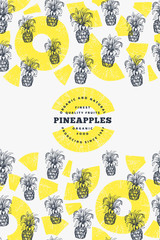Pineapples and tropical leaves design template. Hand drawn vector tropical fruit illustration. Engraved style ananas fruit banner. Retro botanical frame.