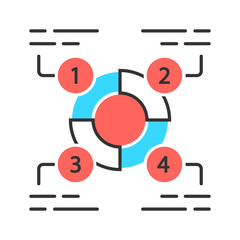 Explanatory diagram color icon. Statistics data visualization. Ring divided into 4 sectors. Four parts of whole. Information symbolic representation. Isolated vector illustration
