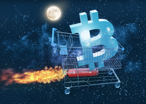 bitcoin price going to the moon concept, 3D illustration
