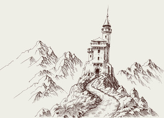 Zamek w górach skalistych rysunek odręczny - 277352878