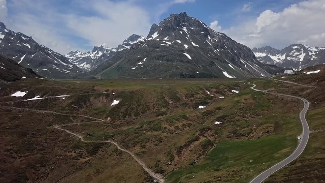 Flight over of Silvretta-Bielerhohe High Alpine Road and Silvretta Stausee lake in Vorarlberg, Austria.