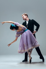 Smells like a tulips. Beautiful contemporary ballroom dancers isolated on grey studio background....