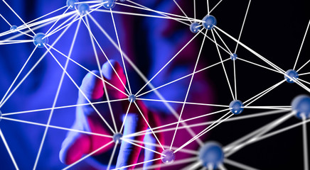 Abstract futuristic - Molecules technology with polygonal shapes on dark blue background.