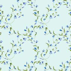 Seamless pattern with flowers blue bell, ornate ornament on light bluish background.