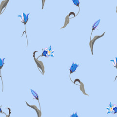 floral background with small blue bell flower and leaves in hand drawn style on blue.