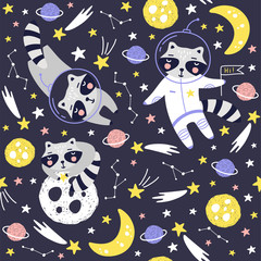 Seamless pattern with cute raccoon astronaut, planets, stars and comets. Space Background for Kids. Vector © 210484kate
