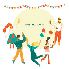 People celebrating party concept. Funny cartoon characters having fun with cocktails and confetti. Happy men and women congratulate with birthday, holiday, anniversary, festival with text area.