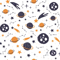 Photo sur Plexiglas Cosmos Modèle sans couture avec des planètes, des étoiles et des comètes de dessins animés. Fond de l& 39 espace pour les enfants. Vecteur
