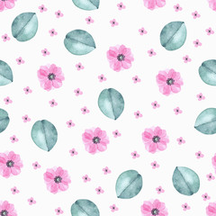Watercolor floral seamless pattern with  leaves and pink flowers. Hand painted on white background