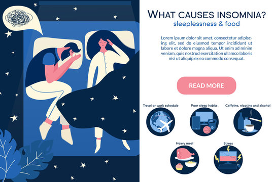 Male insomniac lying with sleeping woman near him in bed at night. Tired man suffer from sleeping disorder, insomnia, nightmare, sleeplessness. What causes insomnia banner.